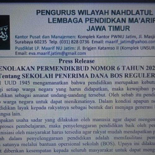 Alasan Ma'arif NU Jatim Tolak Permendikbud tentang Dana Bos Reguler Alasan Ma'arif NU Jatim Tolak Permendikbud tentang Dana Bos Reguler