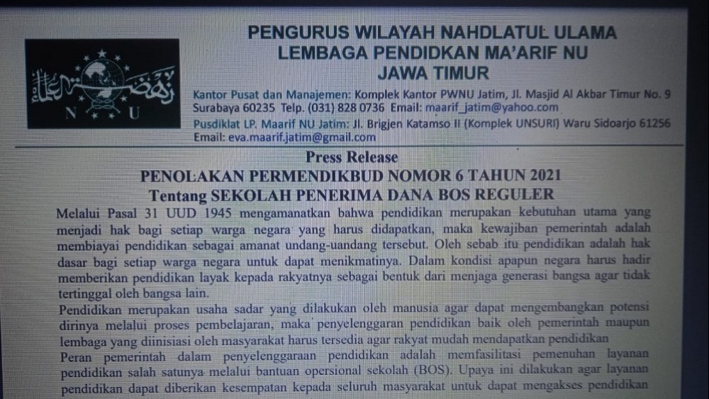 Alasan Ma'arif NU Jatim Tolak Permendikbud tentang Dana Bos Reguler